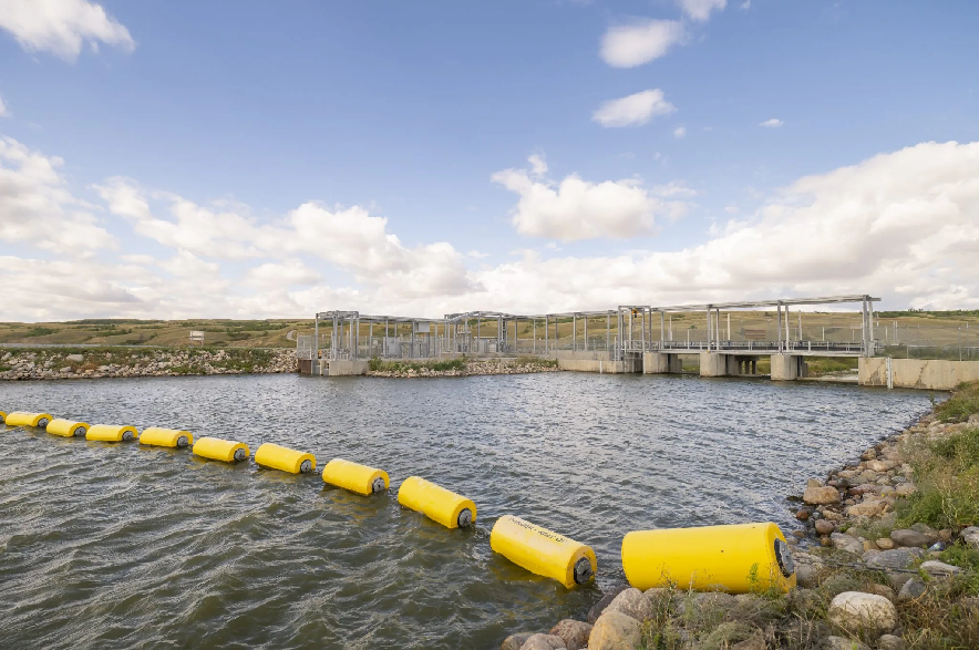 The Buffalo Pound Dam, seen on a partly cloudy day.