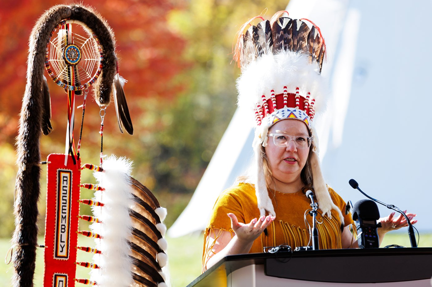 Assembly of First Nations National Chief Cindy Woodhouse Nepinak speaks at the AFN First Nations — First Ministers Meeting Day of Ceremony in Ottawa, on Sunday, Oct. 25, 2026.