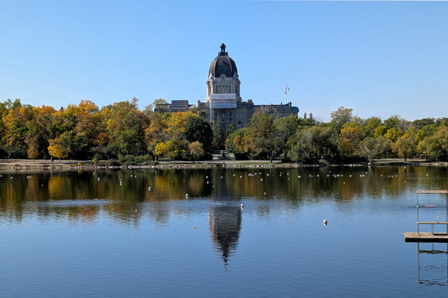 The Saskatchewan legislative building in Regina, seen from across the lake.