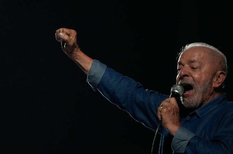 President Luiz Inacio Lula da Silva addresses supporters.