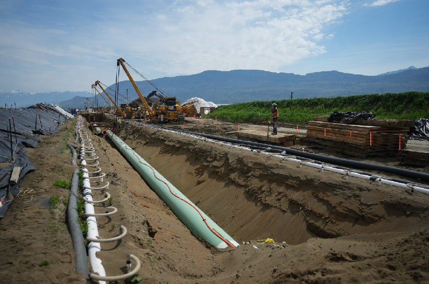 Workers lay pipe during construction of the Trans Mountain pipeline expansion on farmland, in Abbotsford, B.C., on Wednesday, May 3, 2023.