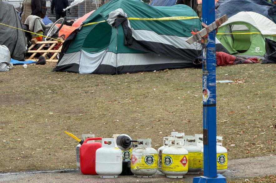 Several propane tanks gathered up at the Core Community Park encampment.