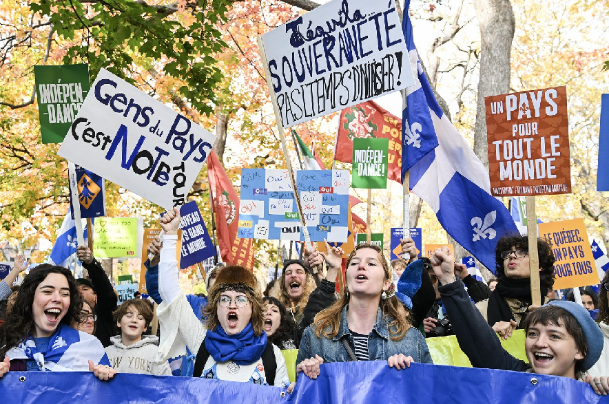 People participate in an independence rally in Montreal, Saturday, Oct. 25, 2025, to mark the 30th anniversary of the 1995 Quebec referendum.