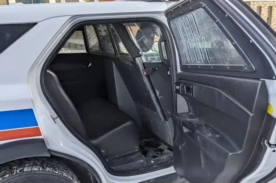 The back seat of a Regina police vehicle.
