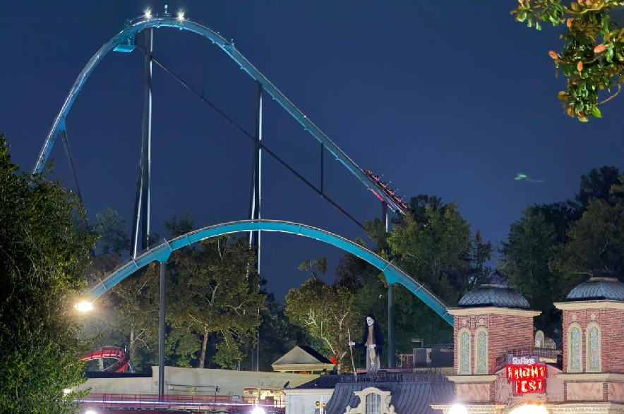 A roller coaster is shown at Six Flags over Georgia on Monday, Oct. 12, 2026 in Austell, Ga.