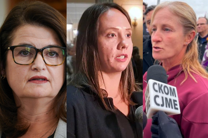 From left: Saskatchewan NDP Leader Carla Beck, Saskatchewan Teachers' Federation president Samantha Becotte, and Lisa Zunti, president of SEIU-West.
