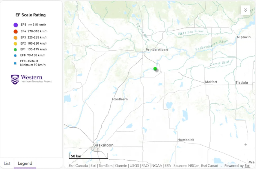 The location of the Birch Hills tornado.