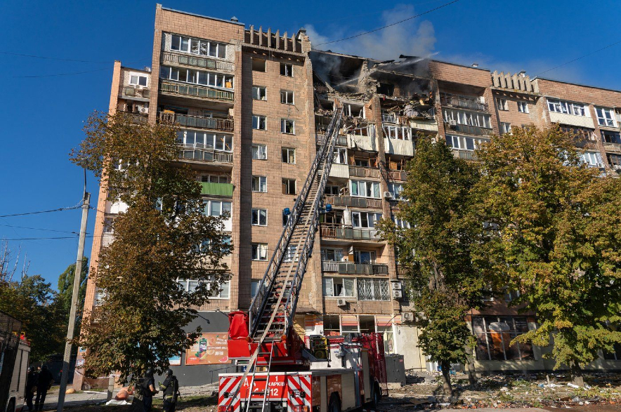A residential building burns following a Russian air attack in Kharkiv, Ukraine.