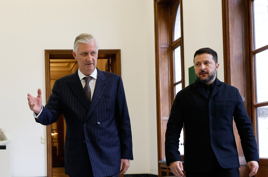 Belgium's King Philippe, left, greets Ukraine's President Volodymyr Zelenskyy at the Royal Palace in Brussels, Thursday, Oct. 15, 2026.