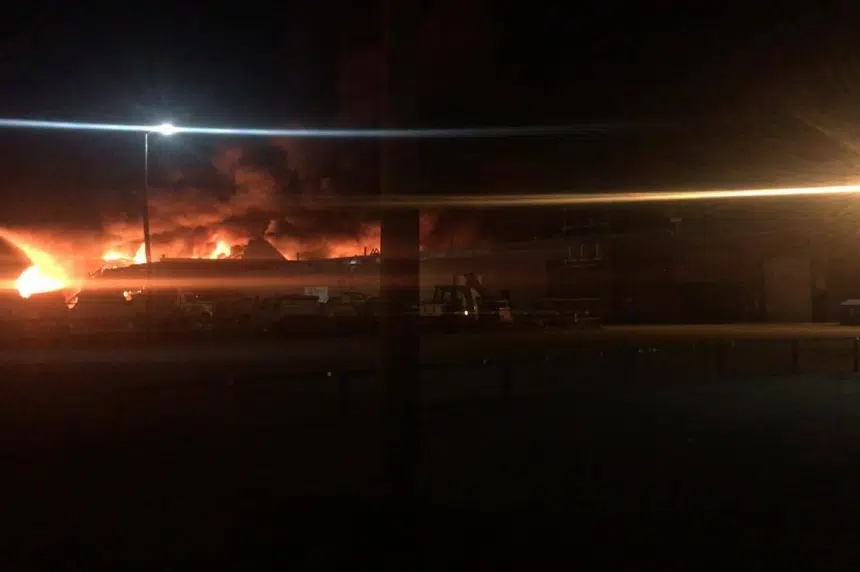 Fire engulfs old GM building in Regina