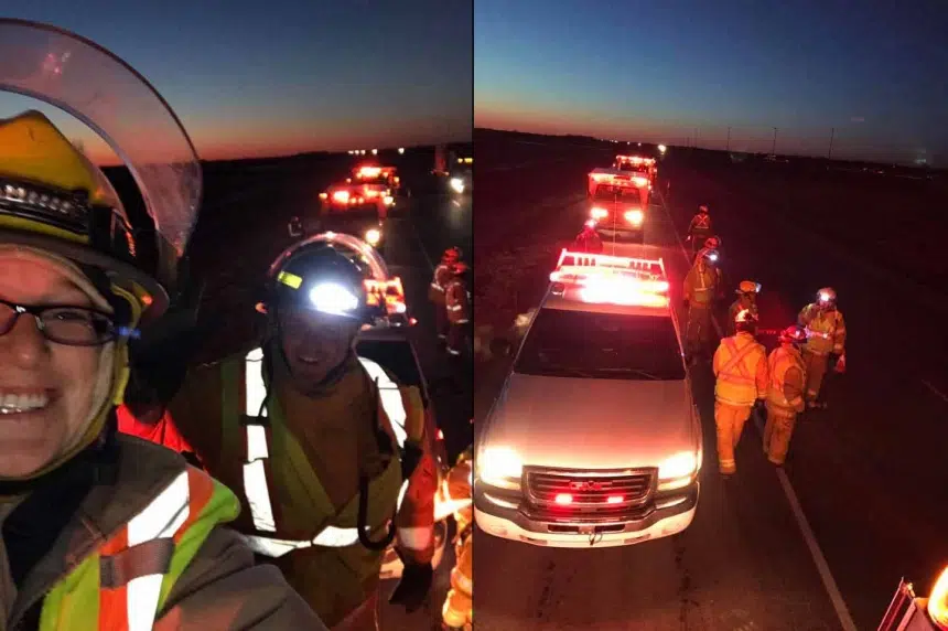 Emergency crews light up the night to remind drivers to slow down