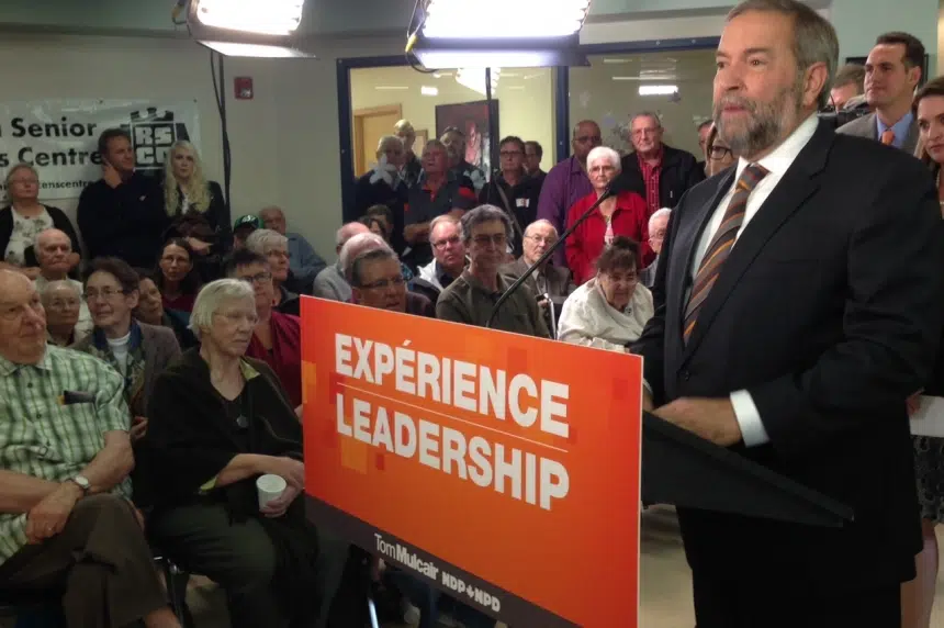 Mulcair announces NDP's plan to reduce prescription costs at Regina campaign stop