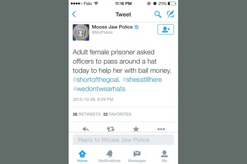 Moose Jaw police appologize for tweet about female prisoner