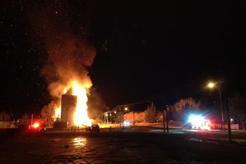 Flames light up Turtleford as grain elevator burns