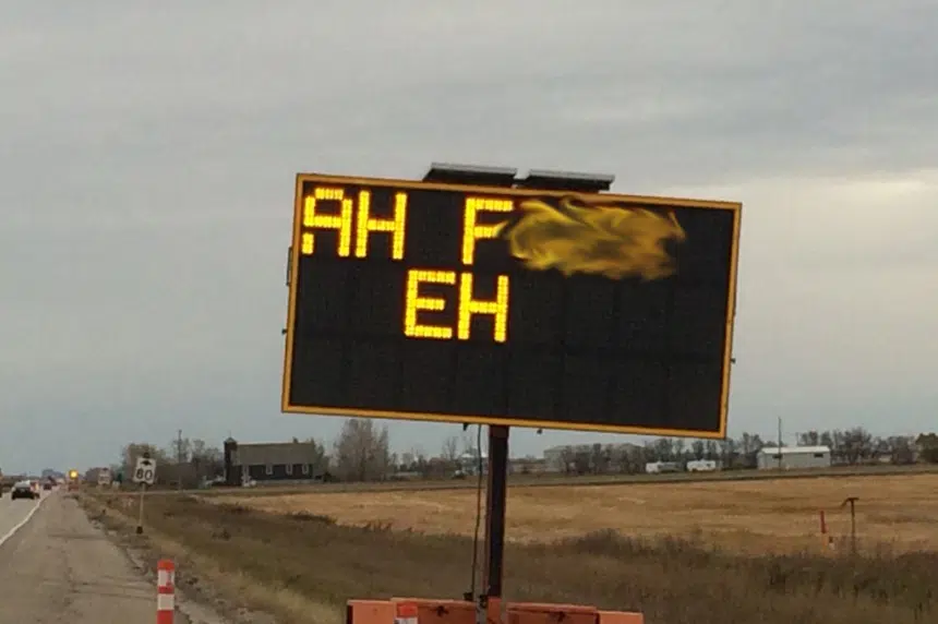 Construction sign displays crude message south of Regina
