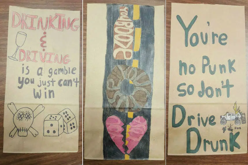 Kids draw anti-drunk driving messages on liquor store bags