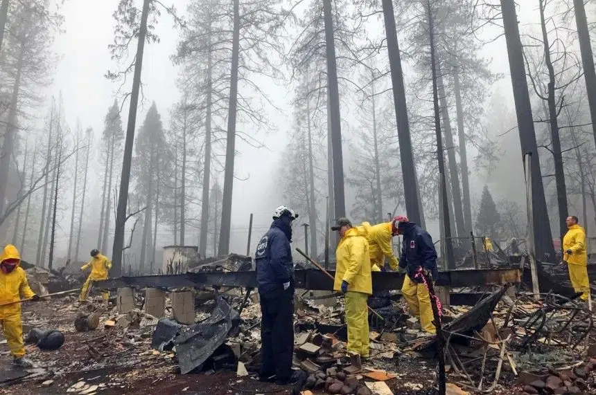 Rain helps mostly douse California fire but slows searchers