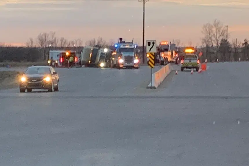 Semi truck tips over in Saskatoon near Highway 16