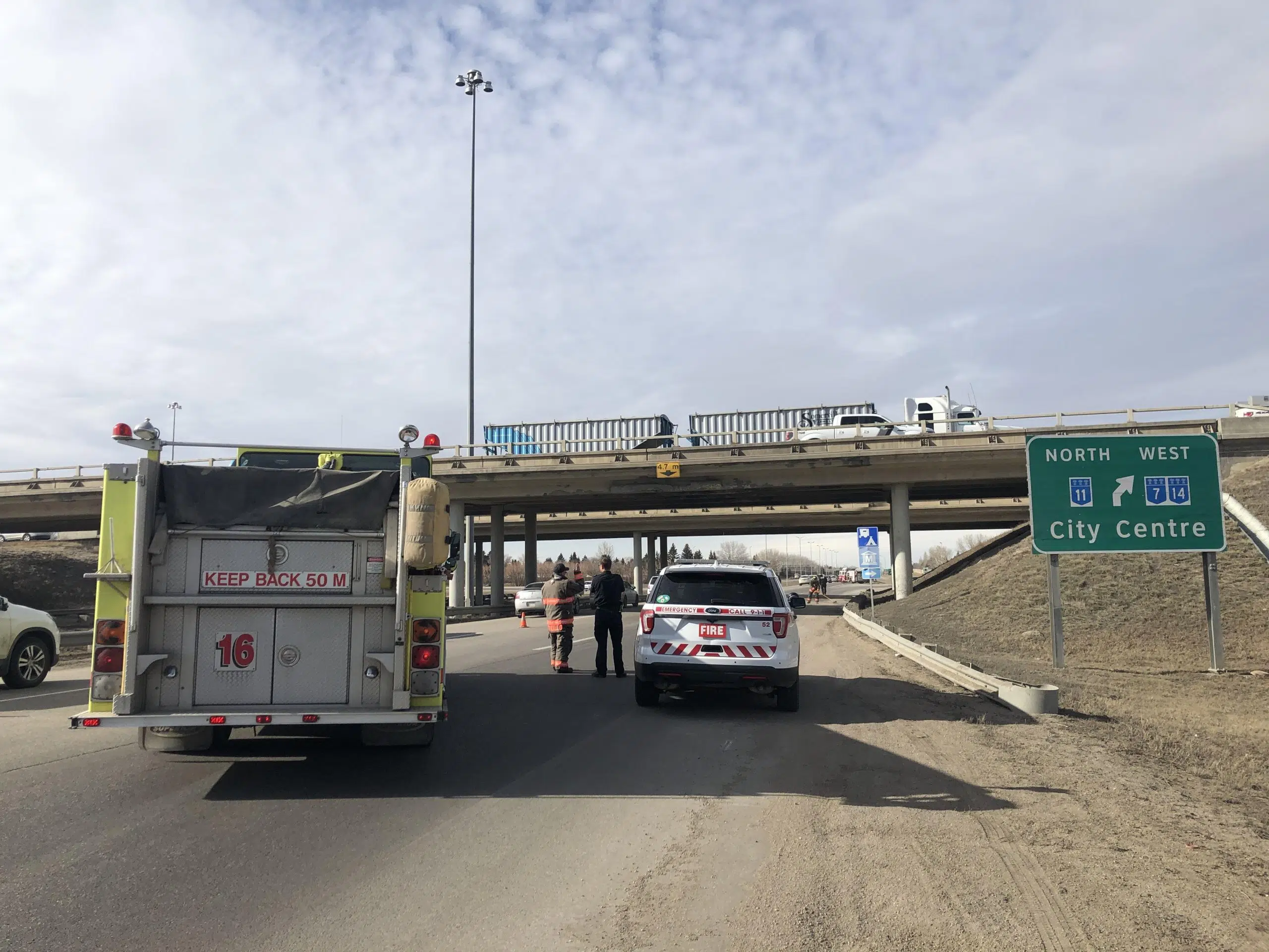 Semi hits Highway 11 overpass