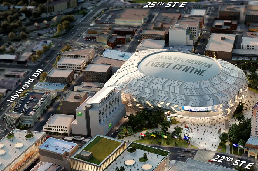 A render showing Saskatoon's proposed Downtown Event and Entertainment District.