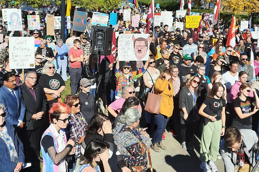 A rally in Regina against the government's pronoun policy.