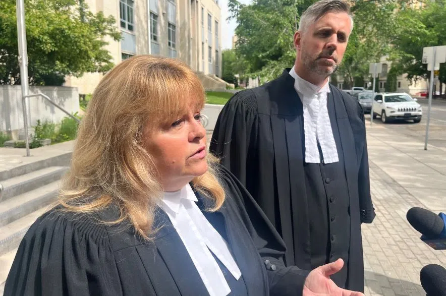 Crown Prosecutors Carla Dewar (left), and Cory Bliss (right), speak to media outside court on June 14, 2024. Bliss said he learned through the long trial what a beautiful person Sheree was. (Lara Fominoff/650 CKOM)