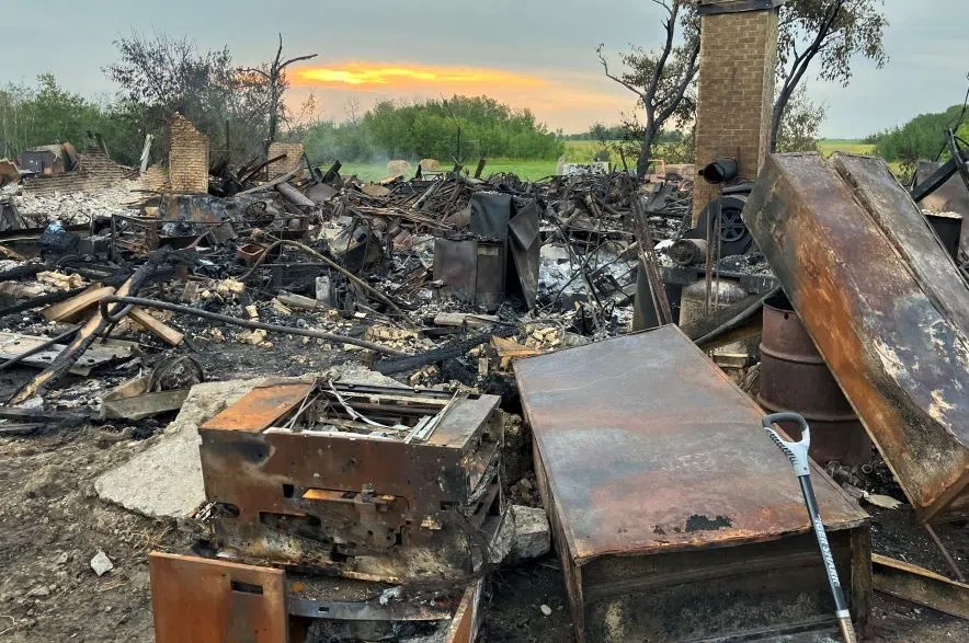 Piles of rubble is all that remains of the old Plunkett school after catching fire in August 2024. (Submitted/Mike Pastor)