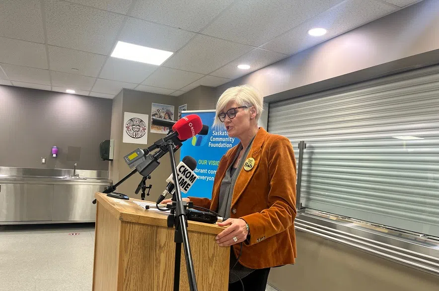 Wanda Hunchak, chair of the Saskatoon Community foundation announces generous donation for two organizations made possible through the donation of the late Robert Steane. (Mia Holowaychuk/650 CKOM)