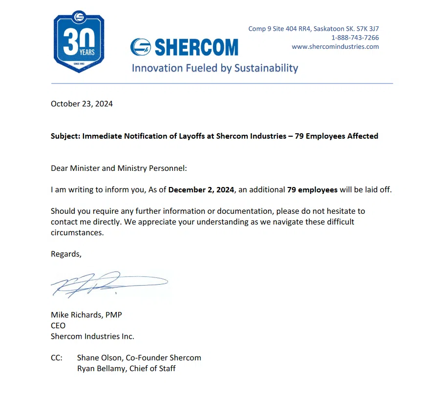 Saskatoon's Shercom Industries Inc. to lay off 79 employees in December. (Shercom Industries Inc.)