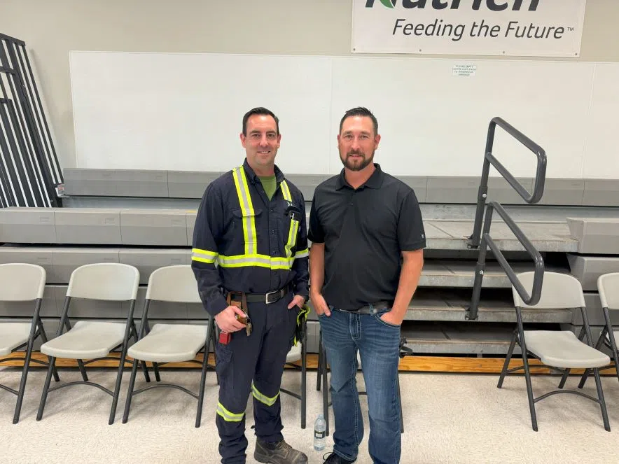 Mine Operations GF Brent Dauvin and Mill Maintenance Superintendent Justin Boehm grew up not only as friends, but with fathers who work and worked at the Nutrien Allan Potash Mine. (Céline Grimard/650 CKOM)