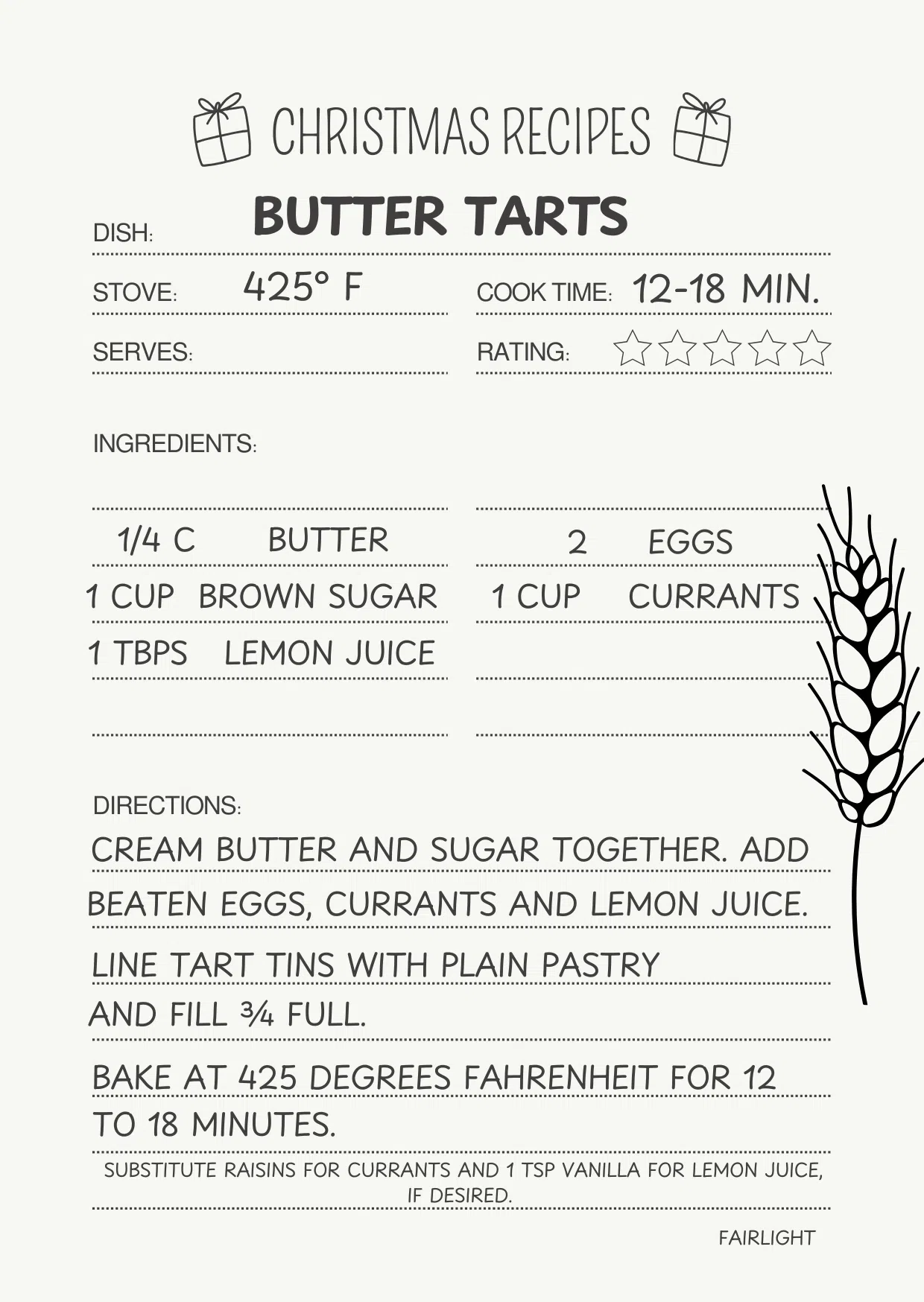 Butter Tart Christmas Recipe Card