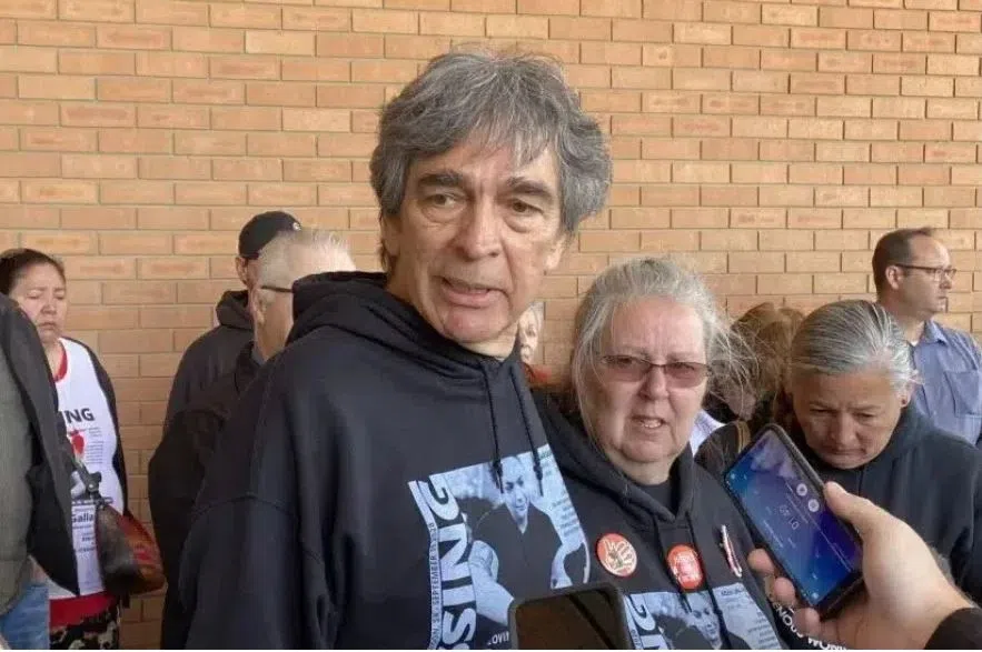 Brian and Debbie Gallagher with other family members outside Saskatoon Provincial Court on June 2, 2022. (Brent Bosker/650 CKOM)