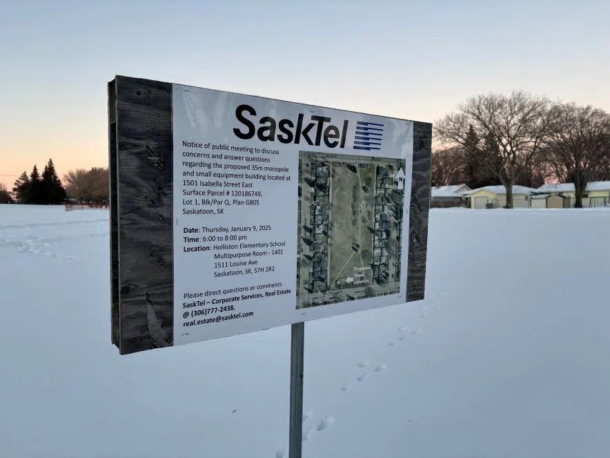 SaskTel has posted a notice in Canon Smith Park, indicating with a proposal to build a 35 metre cell tower (Lara Fominoff/650 CKOM)