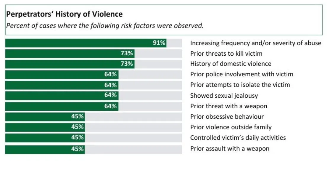 A graph displaying domestic violence data for Saskatchewan. Perpetrators history of violence from the 2024 Domestic Violence Death Review Report for Saskatchewan. (Government of Saskatchewan)