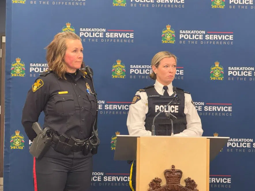 SPS Supt. Tonya Gresty (left) and RCMP Senior Major Crimes Inspector Ashley St. Germaine (right) answer questions from the media at an AMBER Alert event. (Céline Grimard/650 CKOM)