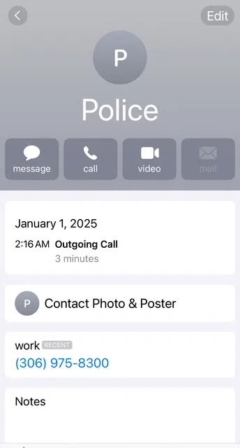 A screenshot of the phone call Carla Peters made at 2:16 a.m. to Saskatoon Police on Jan. 1, 2025 to report a man sitting in the cold on her front step.