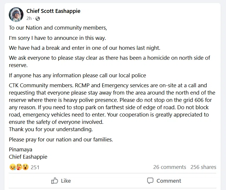 Chief Scott Eashappie of Carry the Kettle Nakoda Nation took to Facebook on Tuesday to notify the community a homicide had taken place. (Facebook)