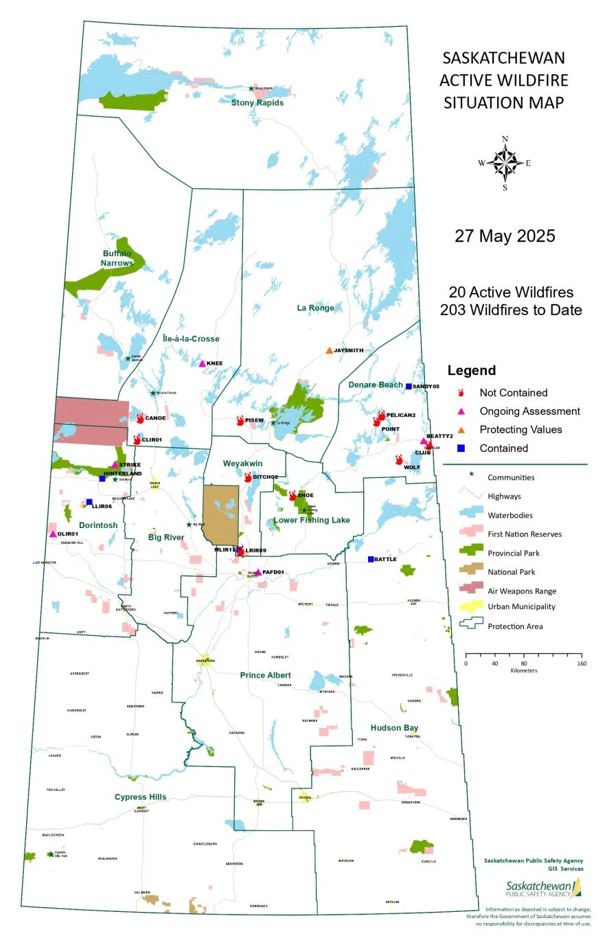 The Saskatchewan Active Wildfire Situation Map for May 27, 2025. (Government of Saskatchewan)