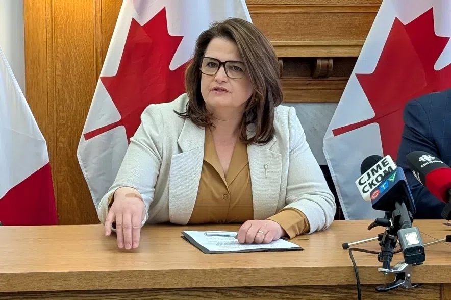 Sask. NDP Leader Carla Beck speaking at a news conference.
