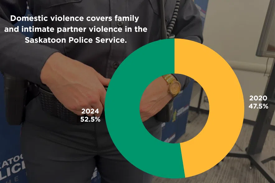Domestic violence covers family and intimate partner violence in the Saskatoon Police Service. (Photo and graph by Céline Grimard/650 CKOM)