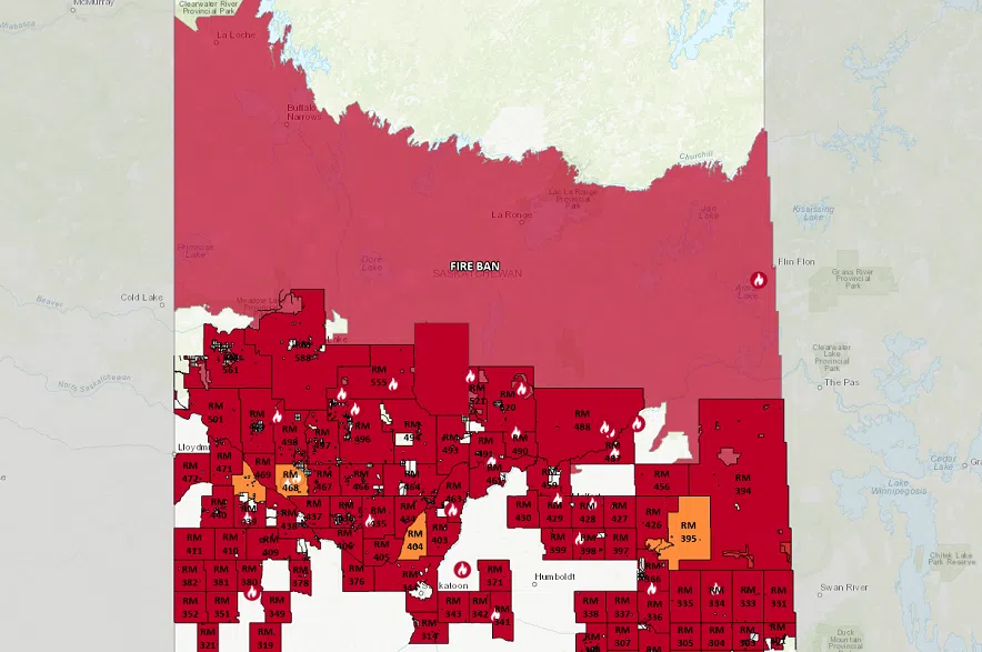 A map showing a fire ban issued in Saskatchewan.