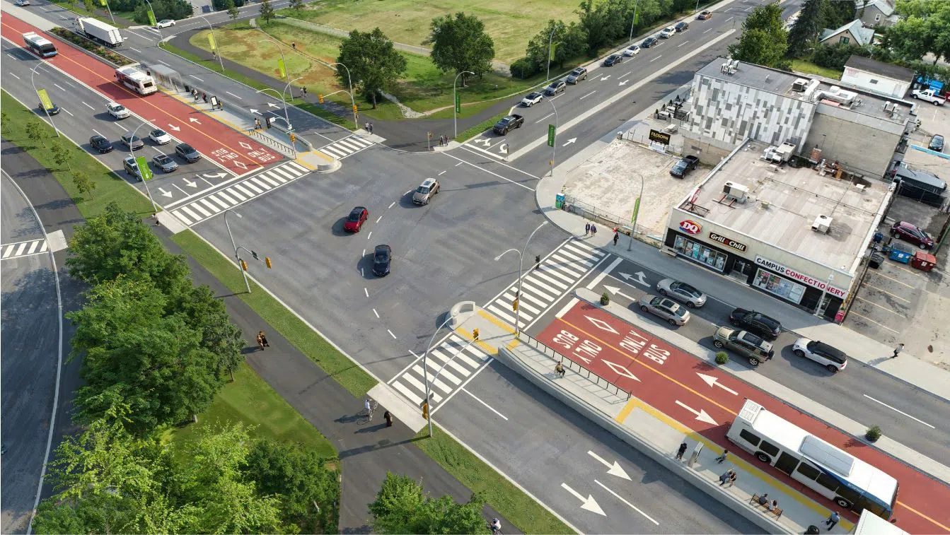 Artist rendering of the intersection of College Drive and Cumberland Avenue showing pedestrian platforms and dedicated transit lanes (City of Saskatoon/submitted).