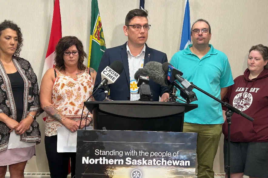 NDP MLA Jordan McPhail and Denare Beach resident Keri Lentowicz at a news conference.