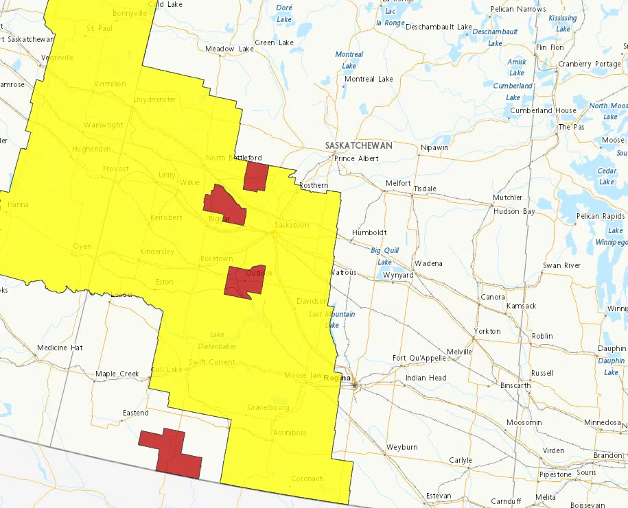 Environment Canada put out a handful of watches and warnings across southern Saskatchewan Wednesday afternoon. The yellow areas are watches, red means warning. (As of 4:30 p.m. on June 25, 2025) (Enivonment Canada/screenshot)
