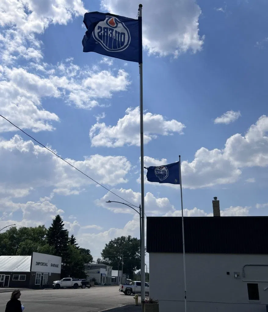 Oilers flags have been placed outside of Imperial's town hall as they cheer on Kris Knoblauch in his second Stanley Cup Final. (Joslin Freeman/submitted)
