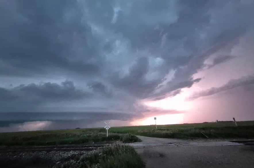 Storm clouds gather above Neuanlage, Aug. 20, 2025.