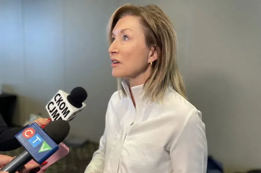 Saskatoon Mayor Cynthia Block speaking to reporters.
