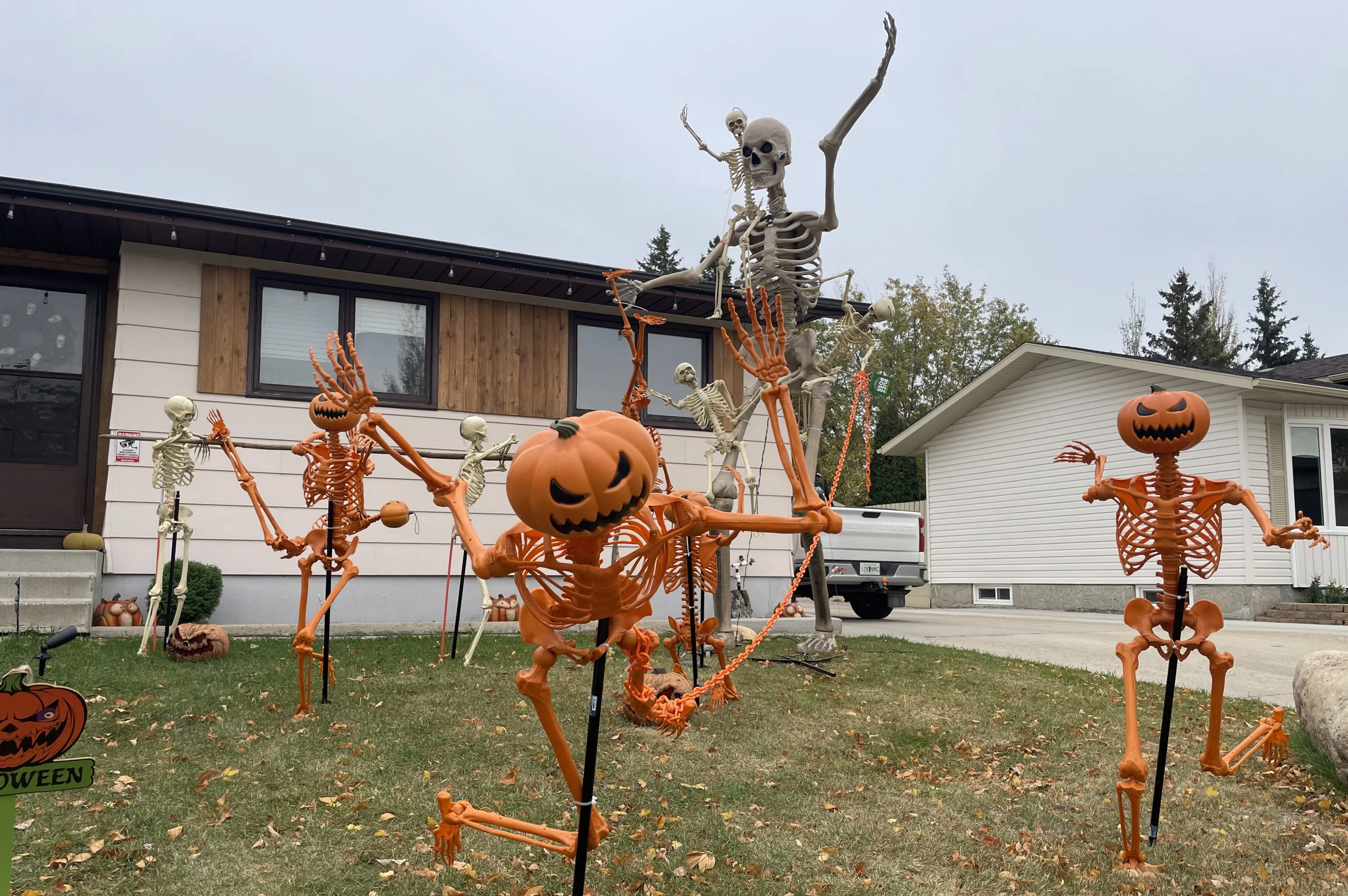 Orange skeletons with pumpkins for heads run toward the camera as a large white skeleton, with other skeletons crawling at home, lifts one arm in the background.