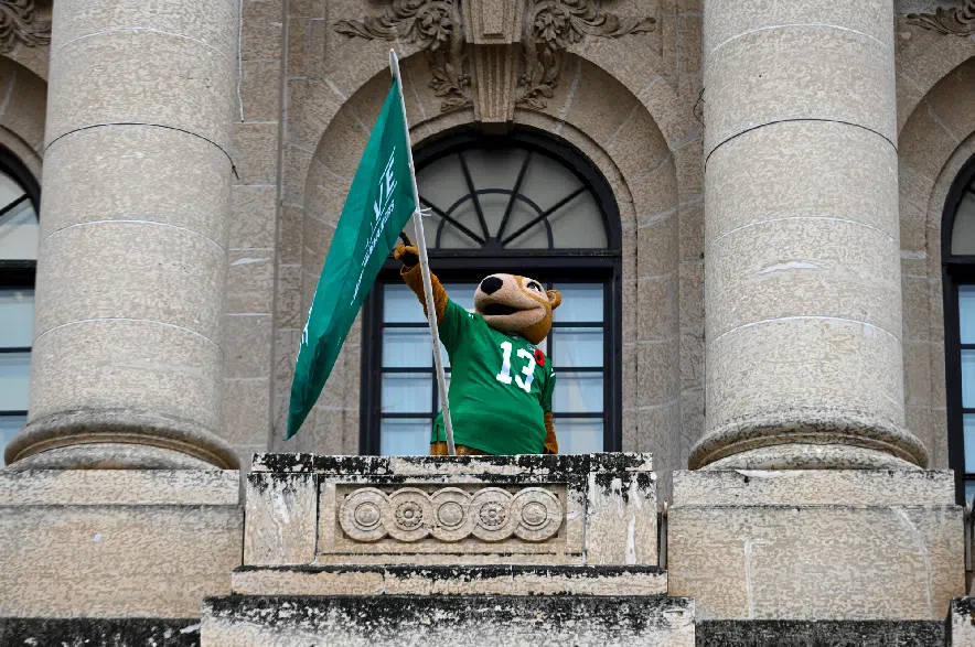 Gainer the Gopher waves a Rider flag at the Legislative Assembly of Saskatchewan after the announcement of Green and White Day by the provincial government.