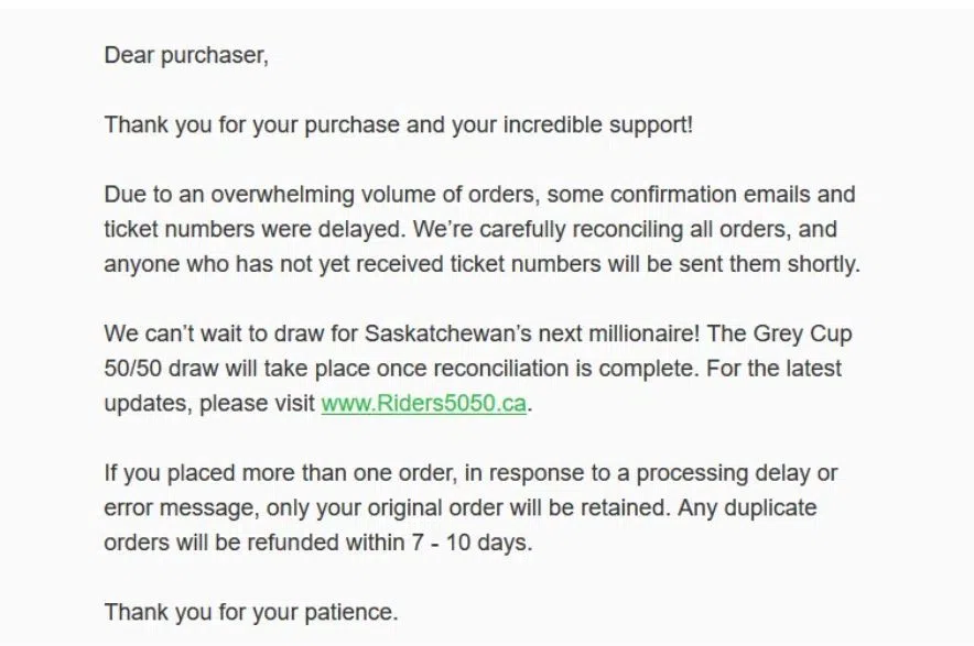 Sask. Roughrider Foundation email statement